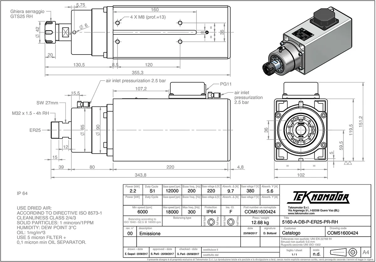 Electromandrino C51/60 DB PR 2.2Kw ER25: Precisión CNC⭐ 4 Imagen del plano tecnico del Electromandrino Teknomotor C51/60 DB PR 2.2Kw ER25 200Hz 12.000RPM. Con sello neumático COM51600424